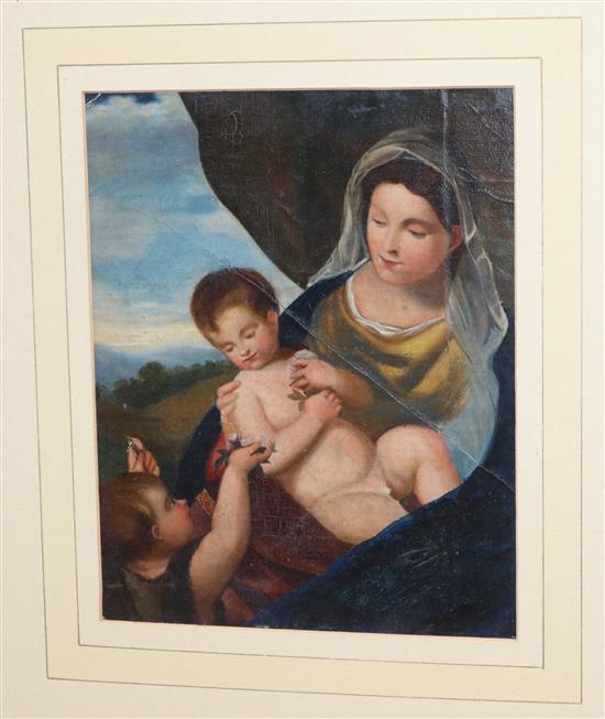 19th century Italian School, oil on canvas, Madonna with child and Saint John, 28 x 22.5cm, unframed